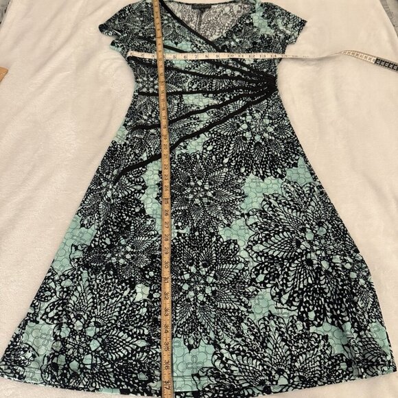 Connected Apparel Aqua/Teal Blue & Black Boho Midi Dress Size 4 Petite - Picture 6 of 7